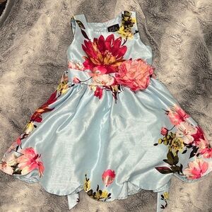 Light Blue Floral Girls' Dress with Pink Flower Accent